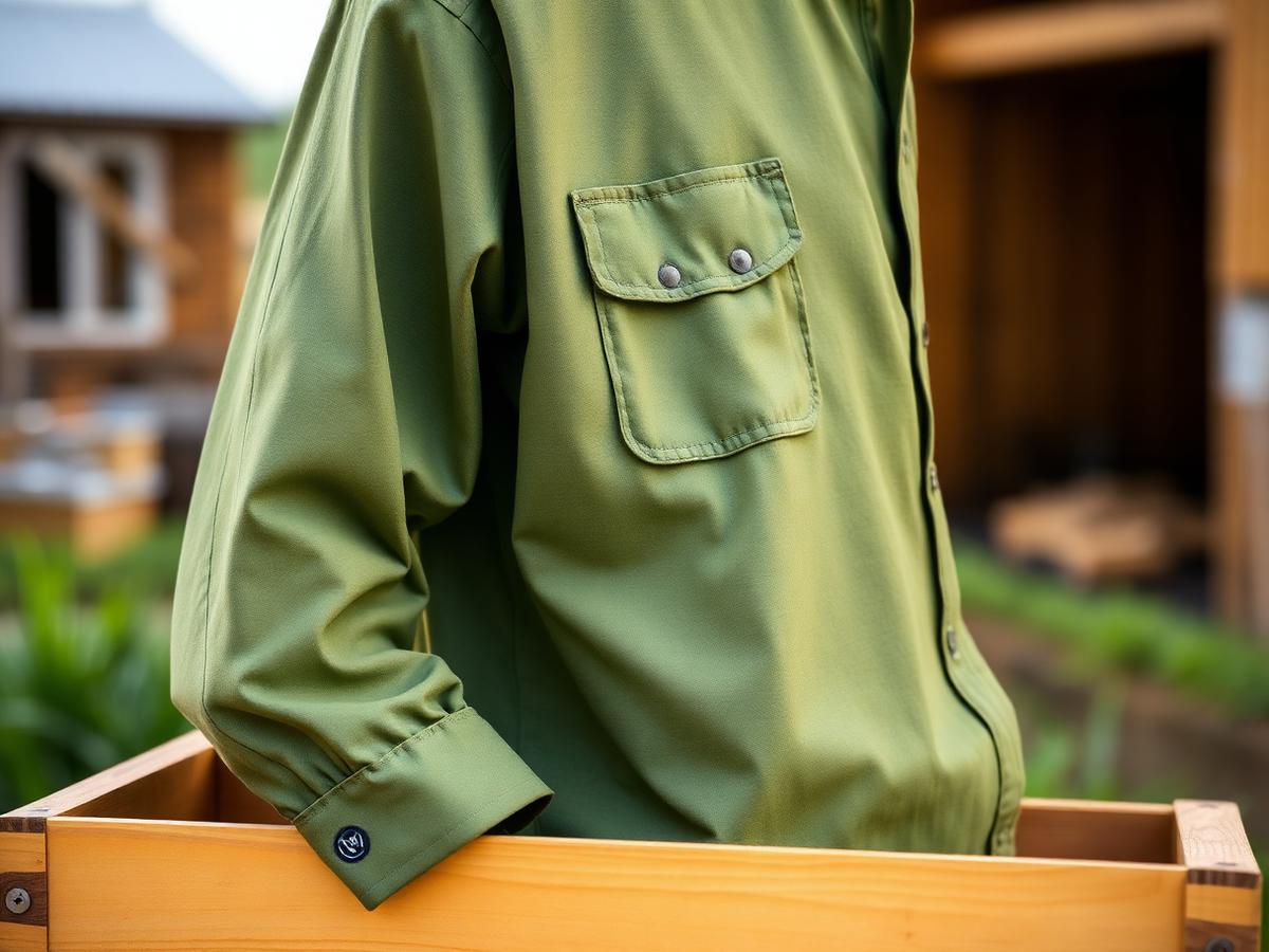 Detalhe de camisa de trabalho verde-oliva com bordado no peito