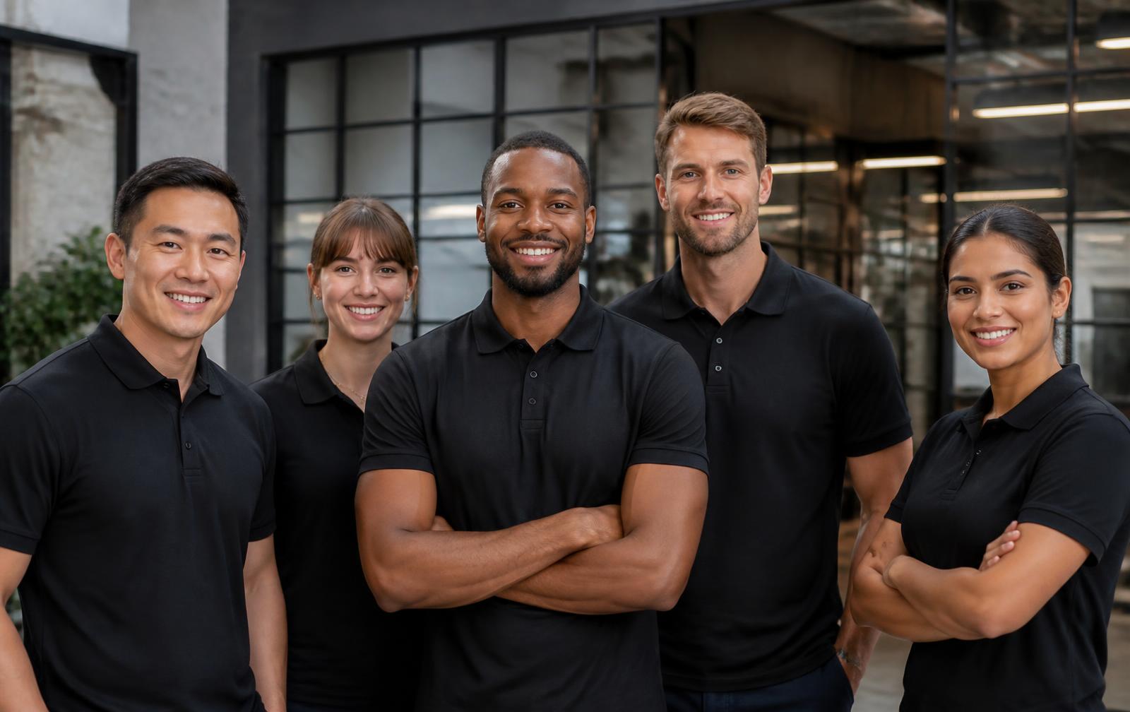 Equipe corporativa vestindo camisas polo personalizadas em escritório moderno