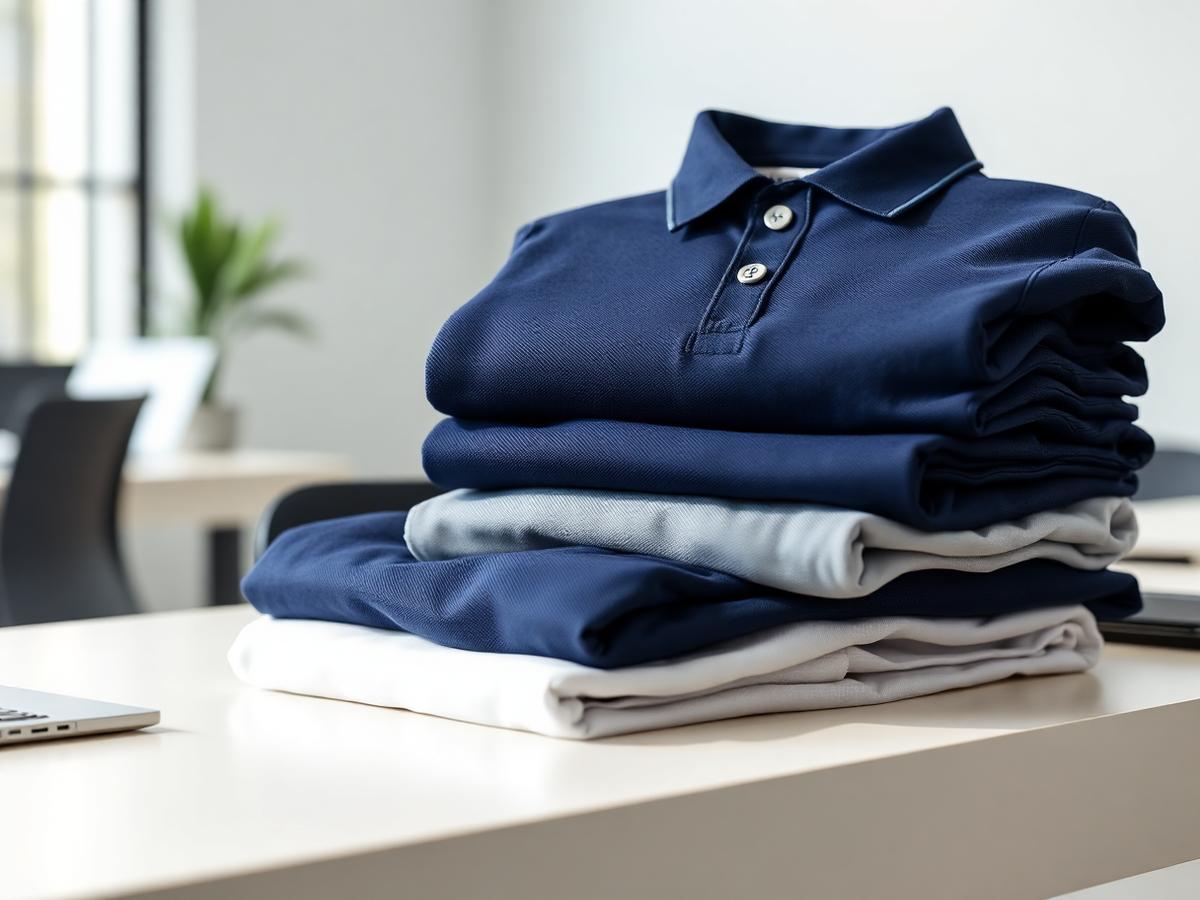 Camisas polo personalizadas dobradas sobre mesa de escritório