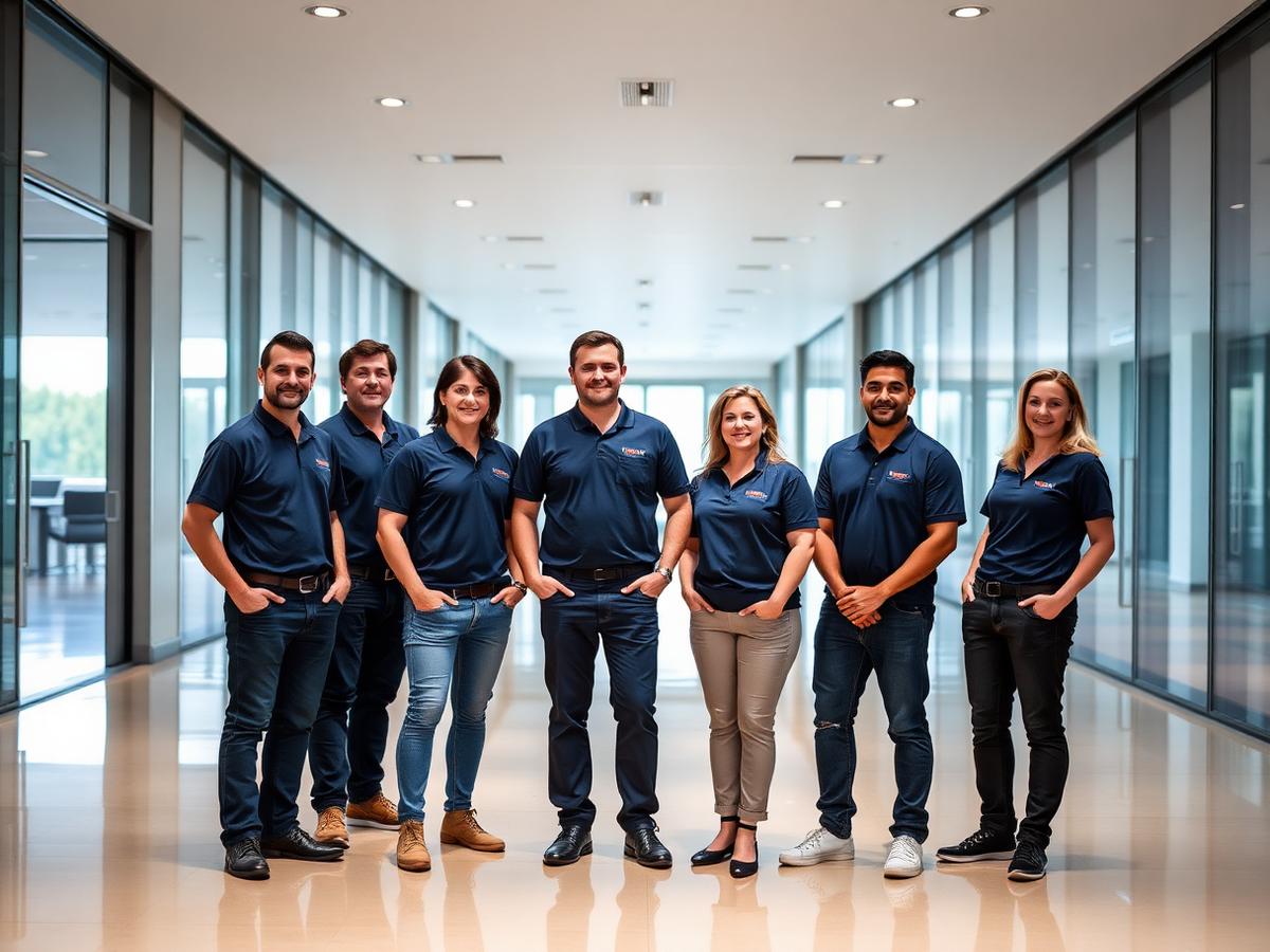 Equipe corporativa uniformizada com camisas polo personalizadas azul-marinho